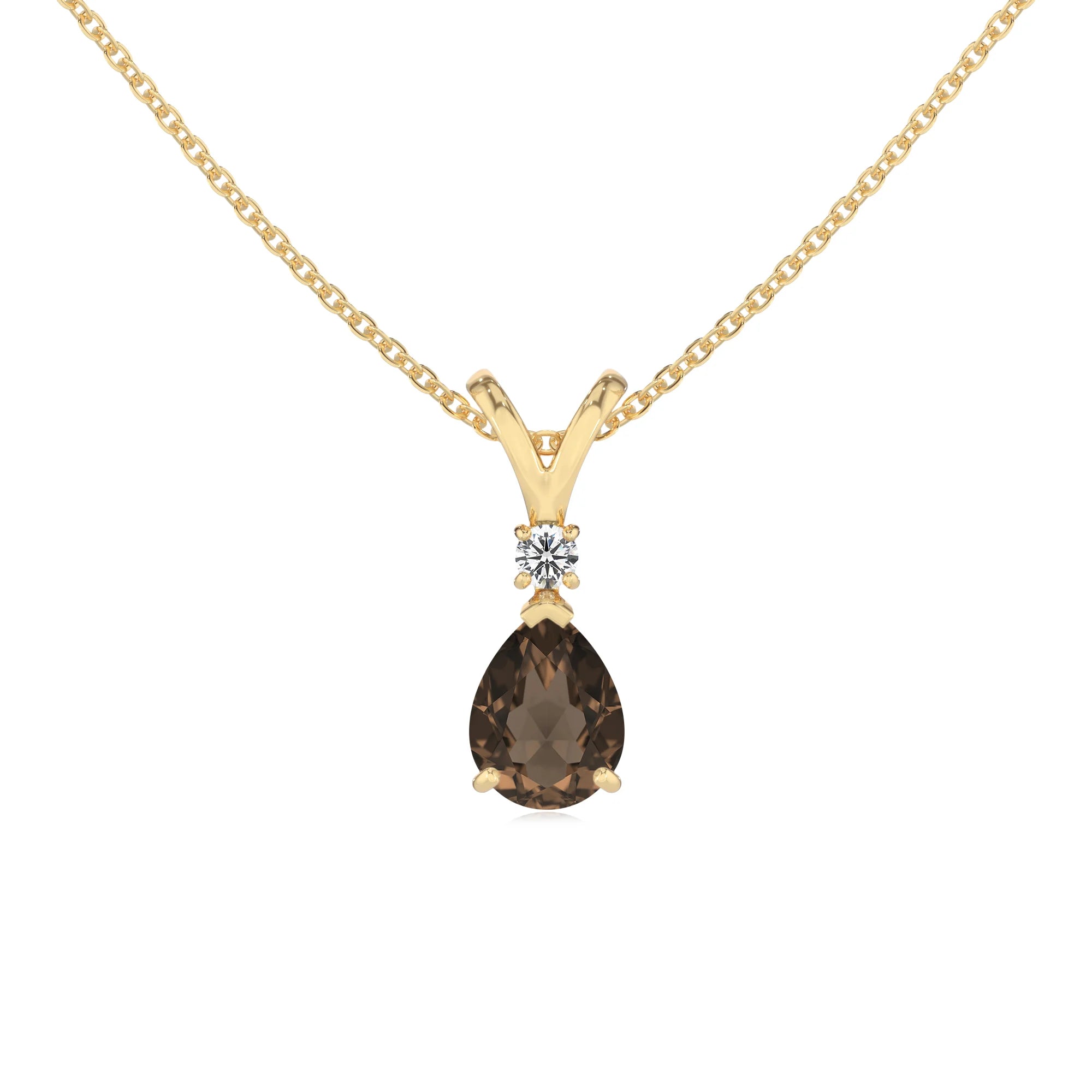 natural smoky-quartz pear solitaire v-bale necklaces in yellow gold 