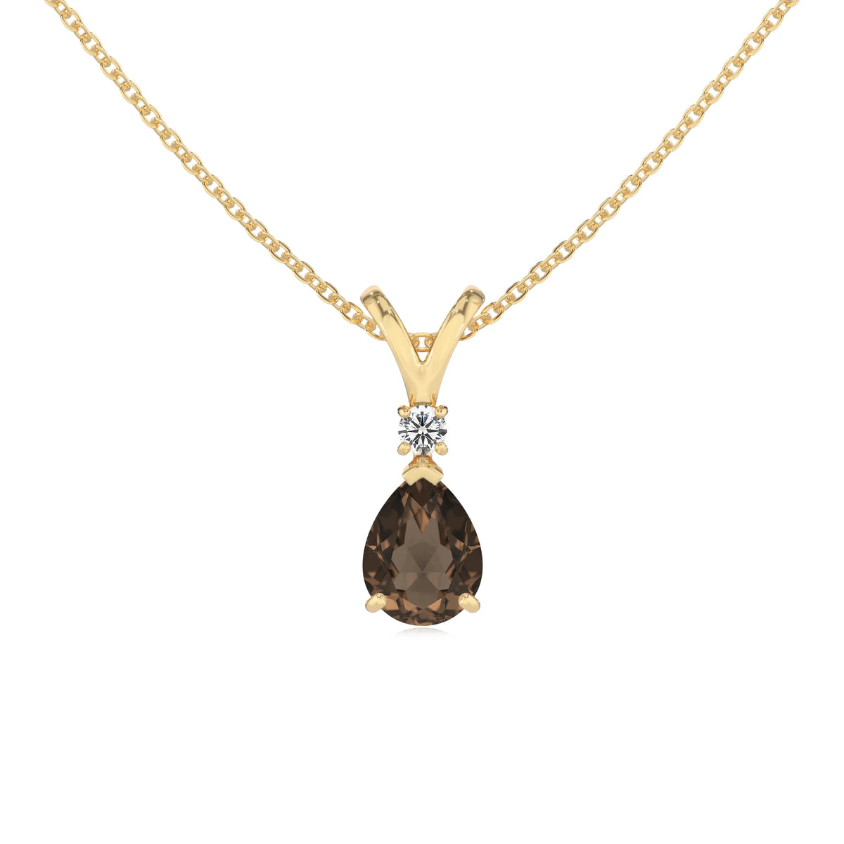 natural smoky-quartz pear solitaire v-bale necklaces in yellow gold 