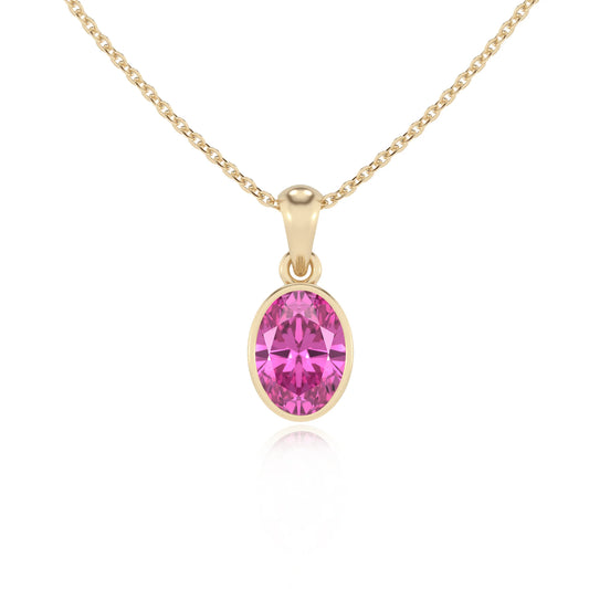 lab grown pink-sapphire oval solitaire necklaces in yellow gold 