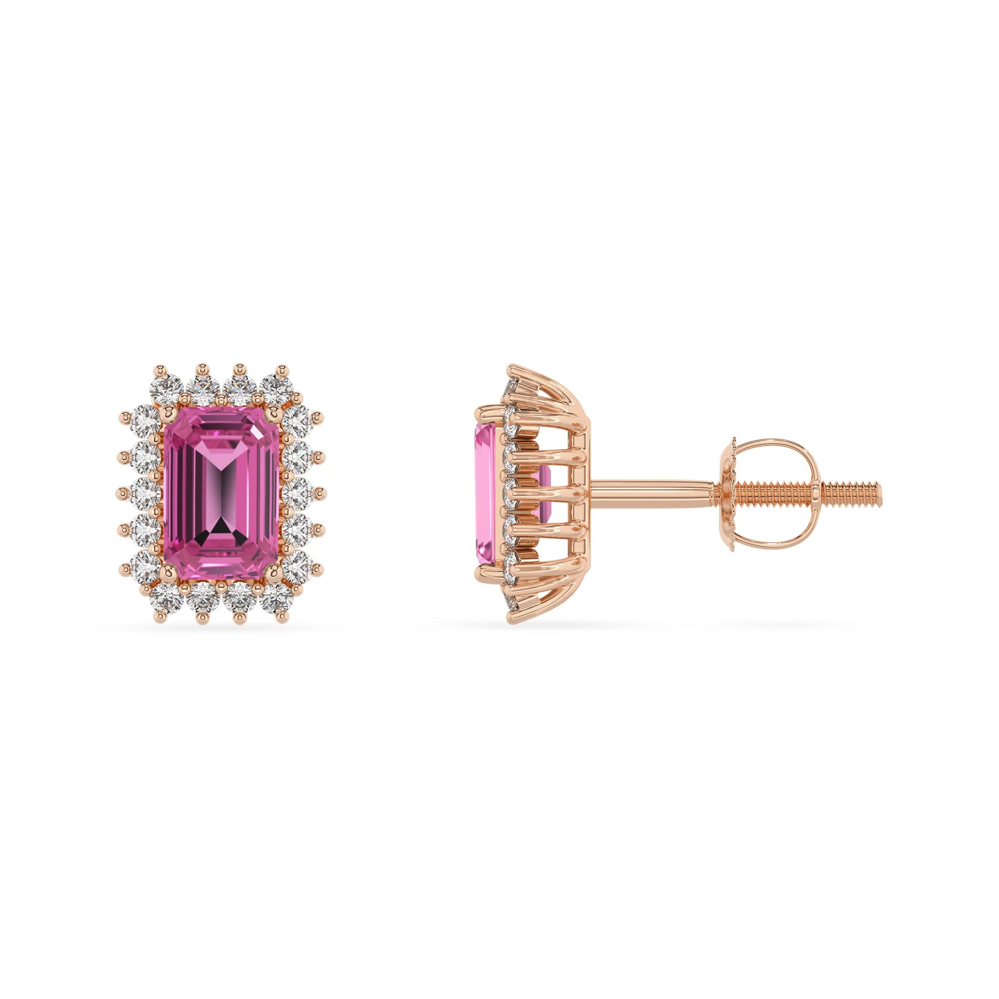 lab grown pink sapphire emerald cut stud earrings in rose gold 