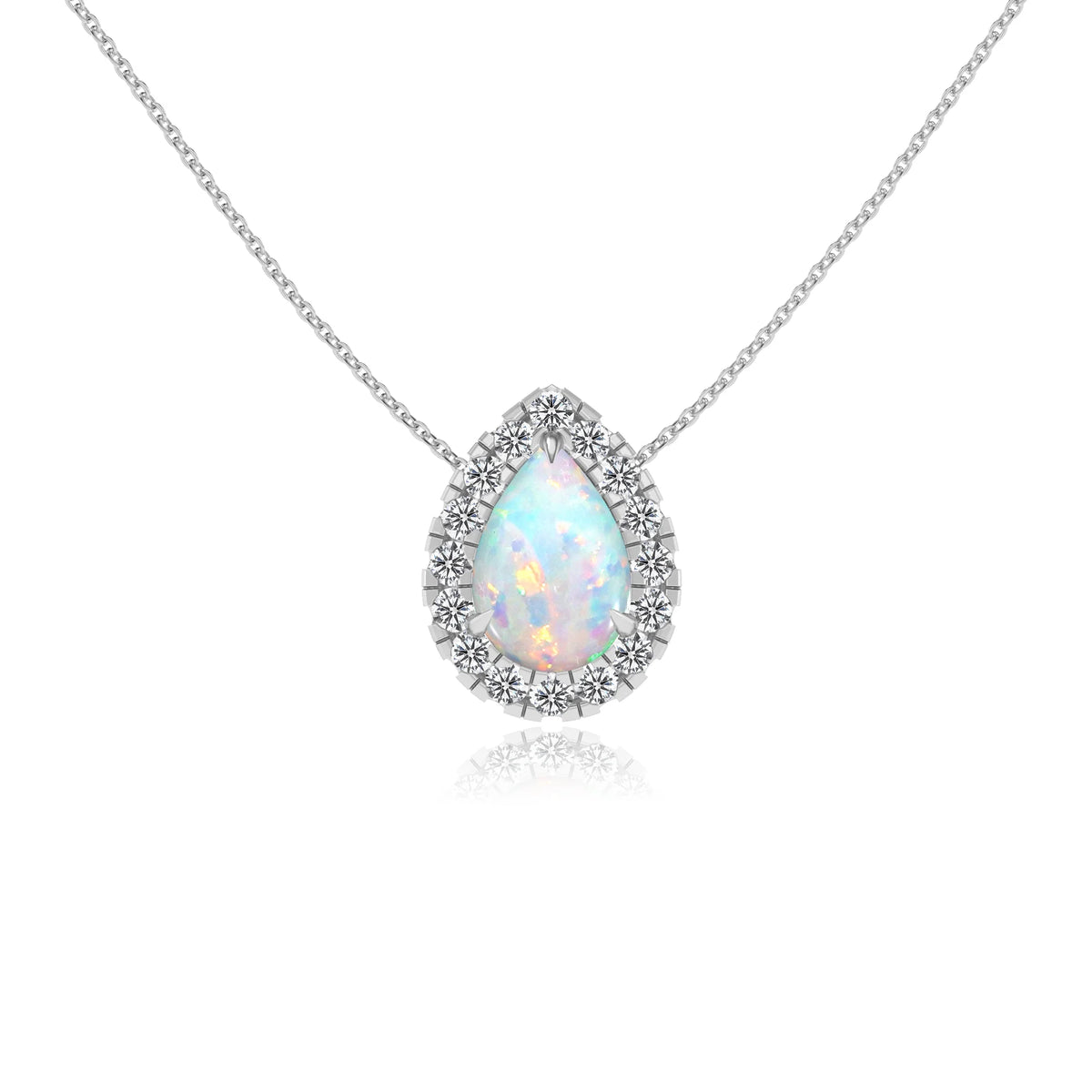 lab grown opal pear solitaire necklaces in white gold 