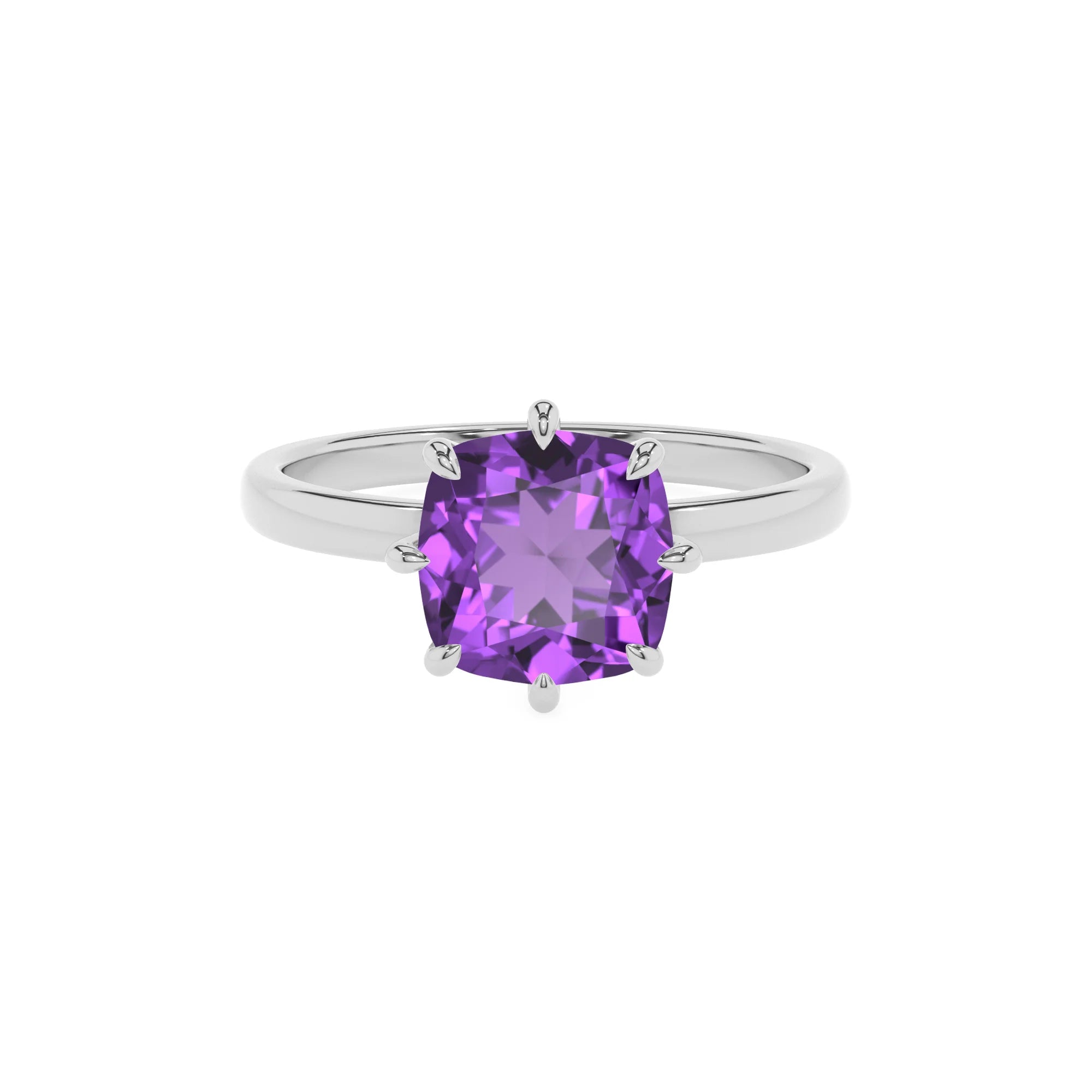 lab grown amethyst cushion solitaire rings in white gold 