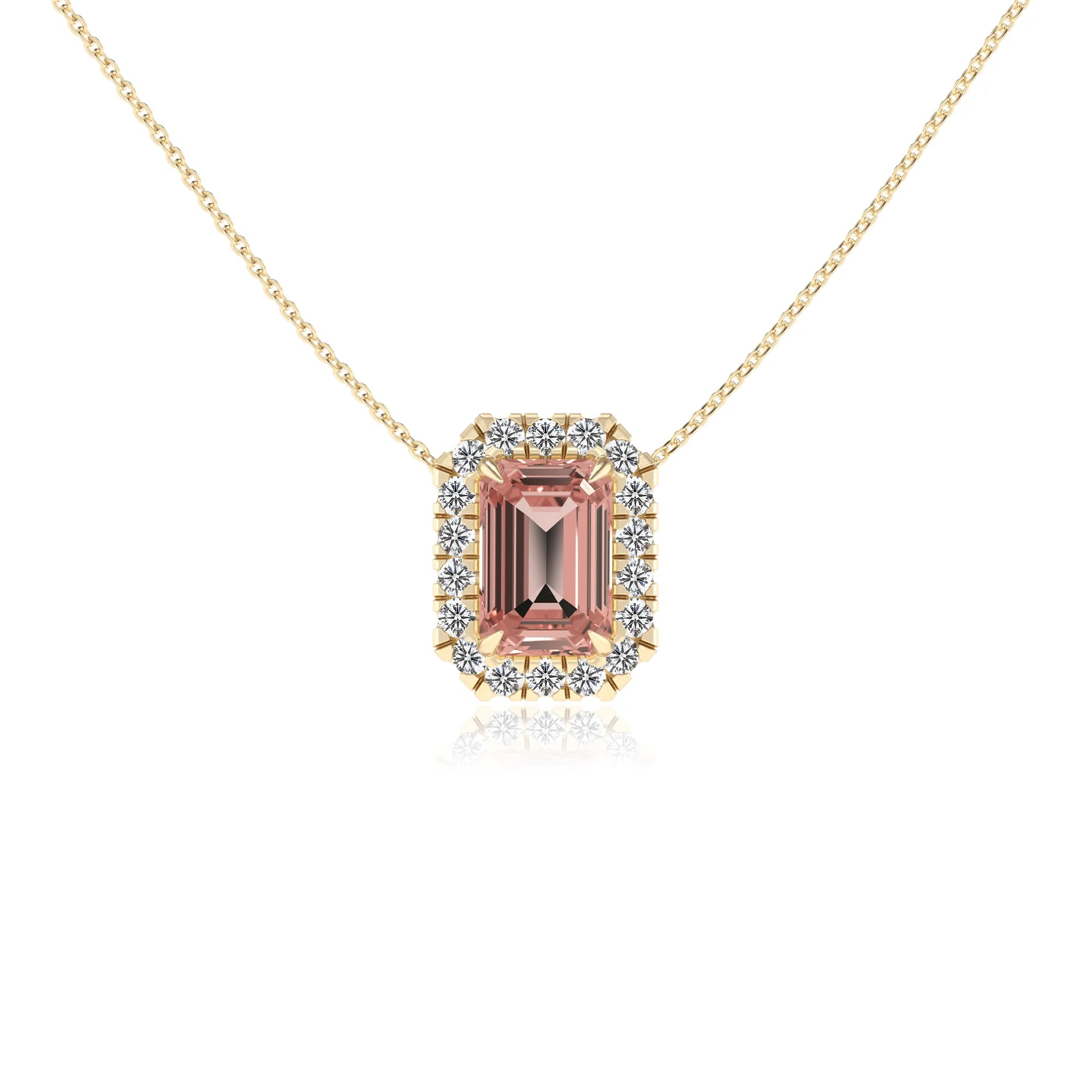 lab grown morganite emerald cut solitaire necklaces in yellow gold 