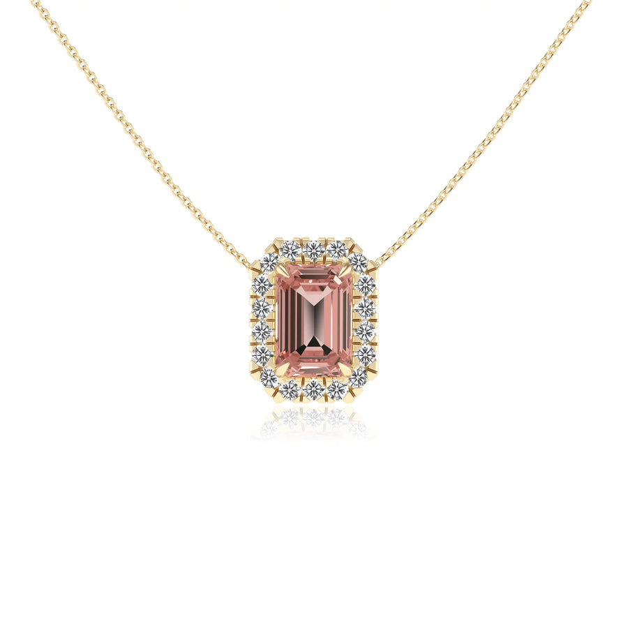 lab grown morganite emerald cut solitaire necklaces in yellow gold 