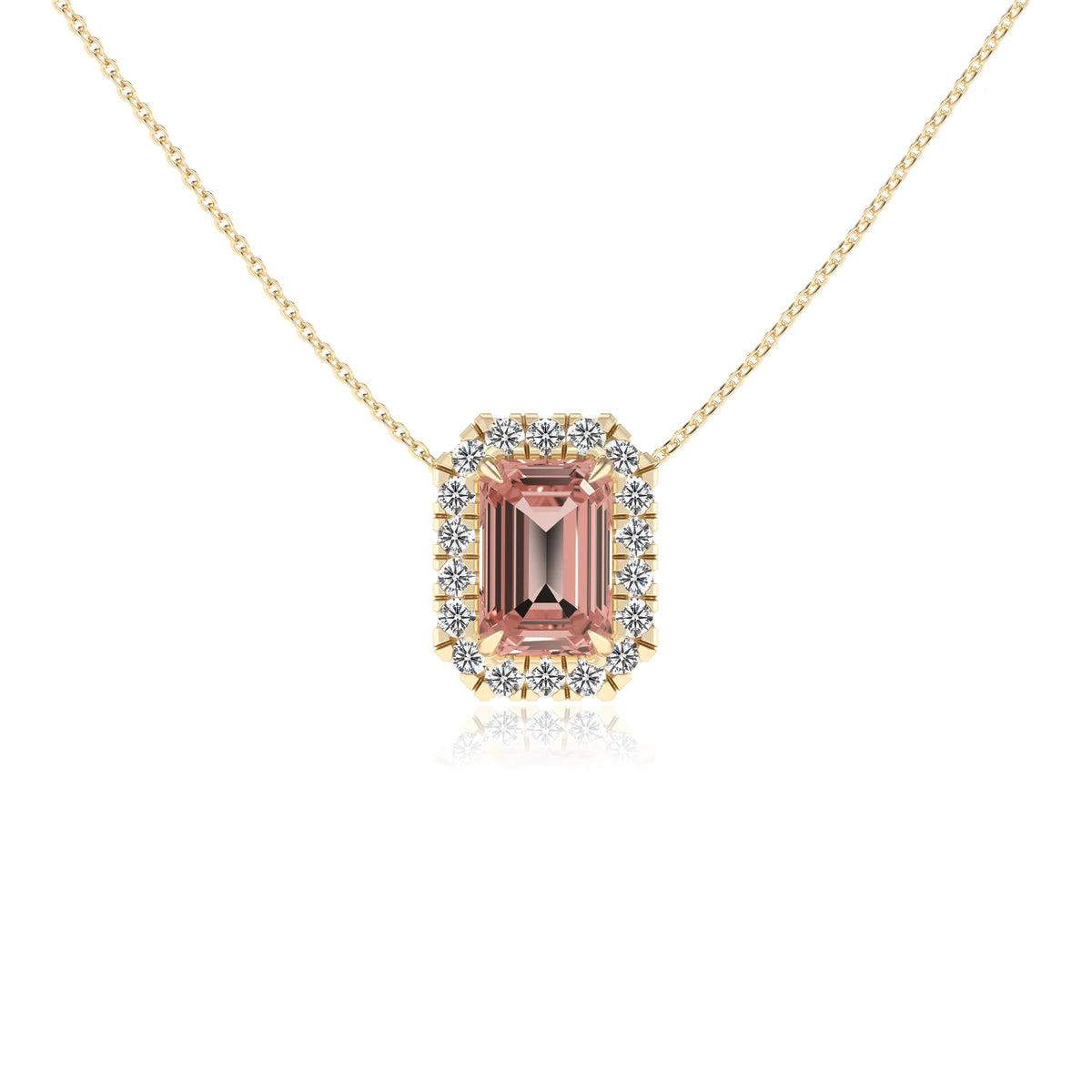 lab grown morganite emerald cut solitaire necklaces in yellow gold 