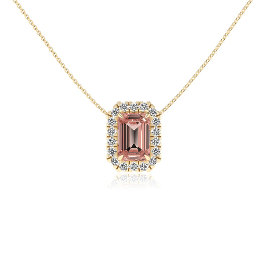 lab grown morganite emerald cut solitaire necklaces in yellow gold 
