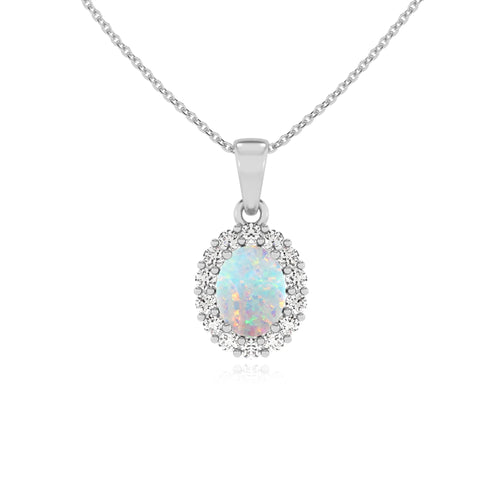 Lab Grown Opal Oval Solitaire Halo Pendant Necklace with Diamond Accents (18" Chain)