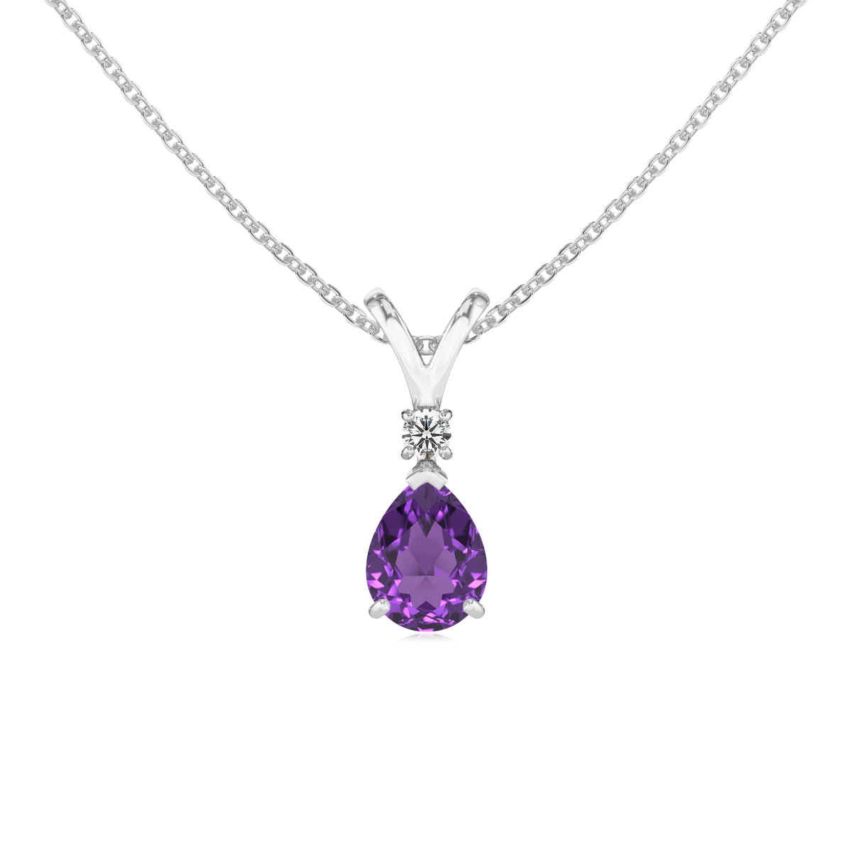 lab grown amethyst pear solitaire v-bale necklaces in white gold 