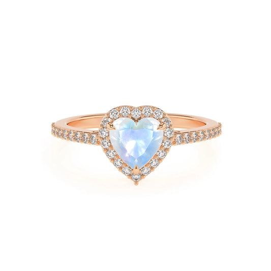 natural rainbow-moonstone heart solitaire rings in rose gold 