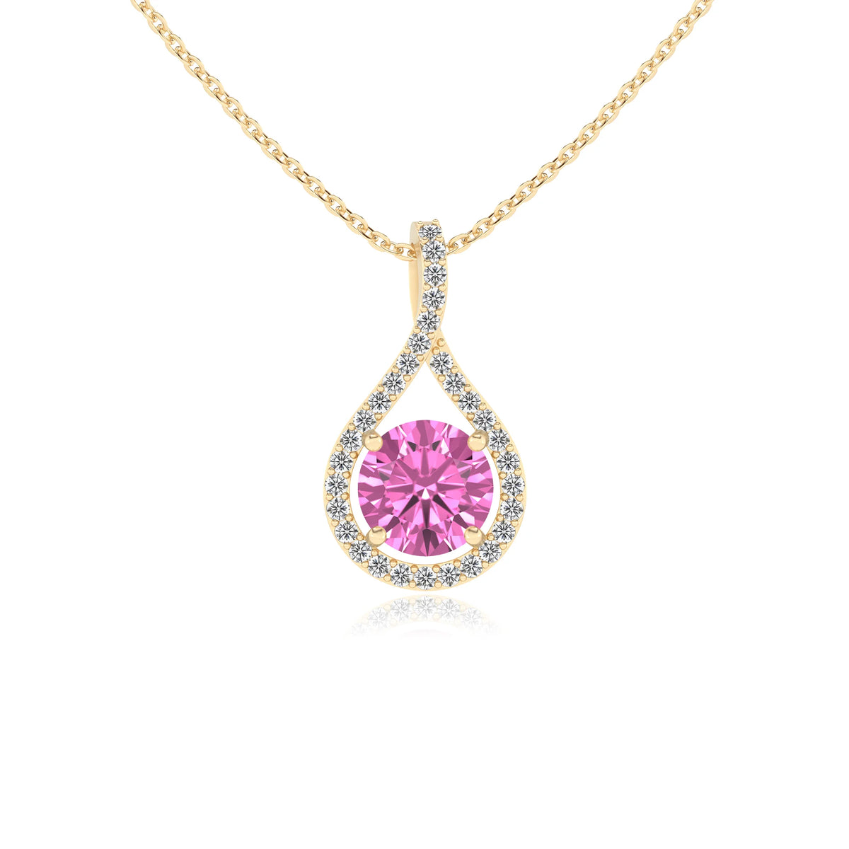 lab grown pink-sapphire round solitaire necklaces in yellow gold 