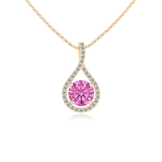lab grown pink-sapphire round solitaire necklaces in yellow gold 