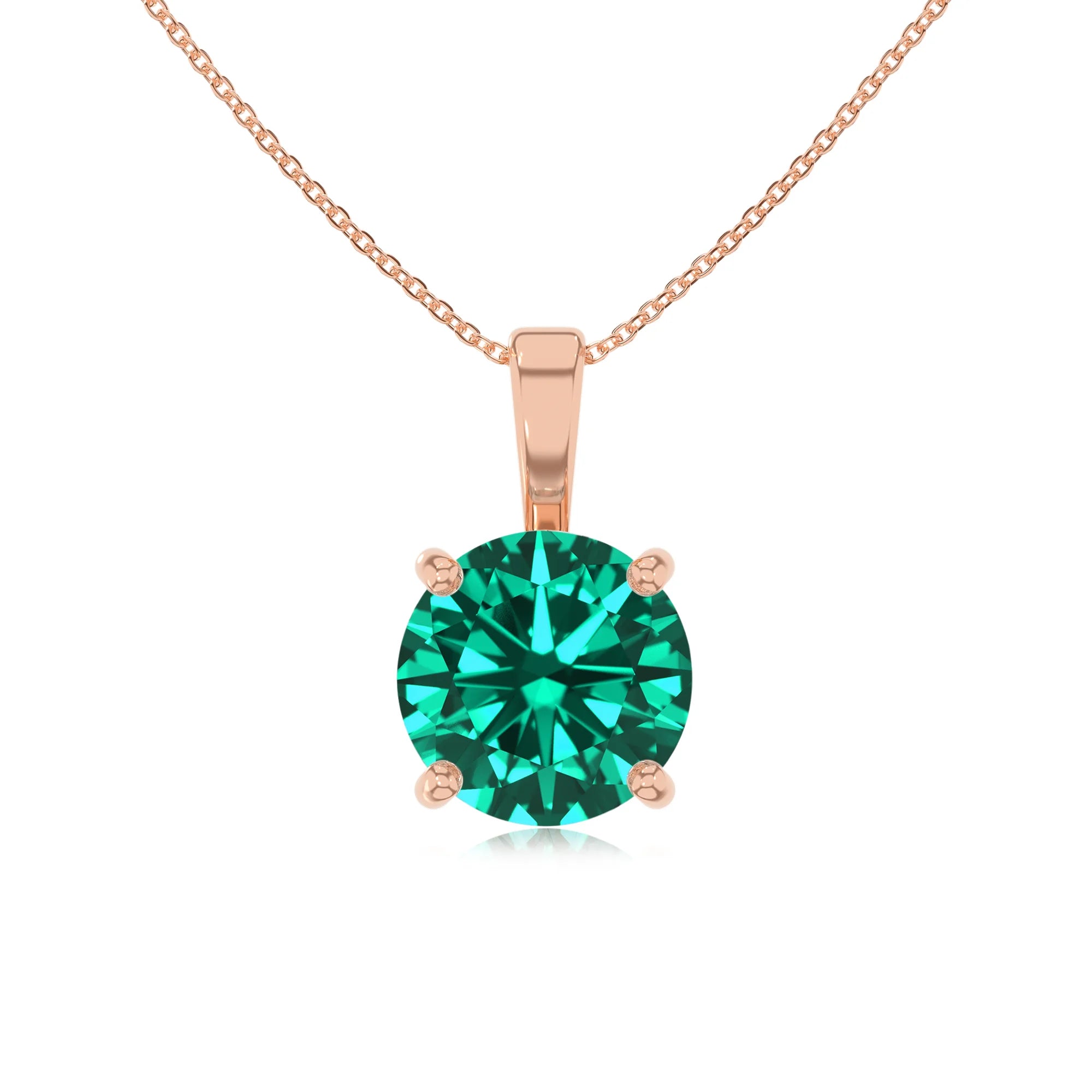 lab grown emerald round solitaire necklaces in rose gold 