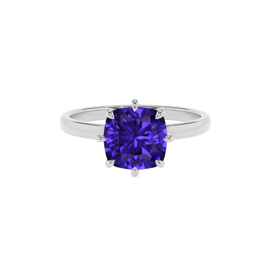 lab grown tanzanite cushion solitaire rings in white gold 
