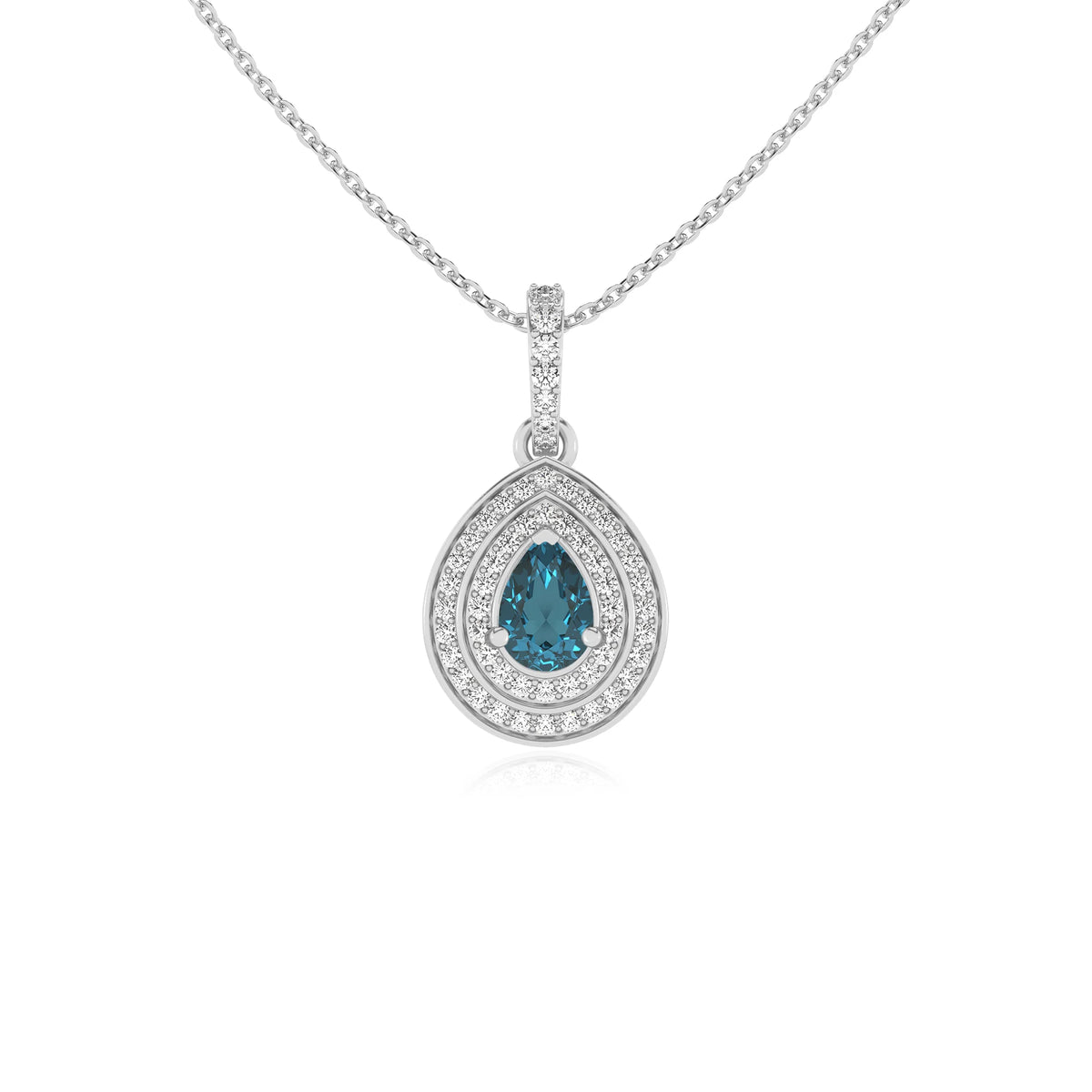 natural london-blue-topaz pear halo necklaces in white gold 