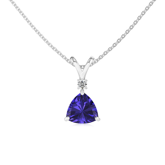 lab grown tanzanite trillion solitaire v-bale necklaces in white gold 