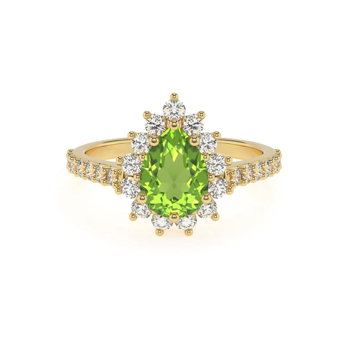natural peridot pear solitaire rings in yellow gold 