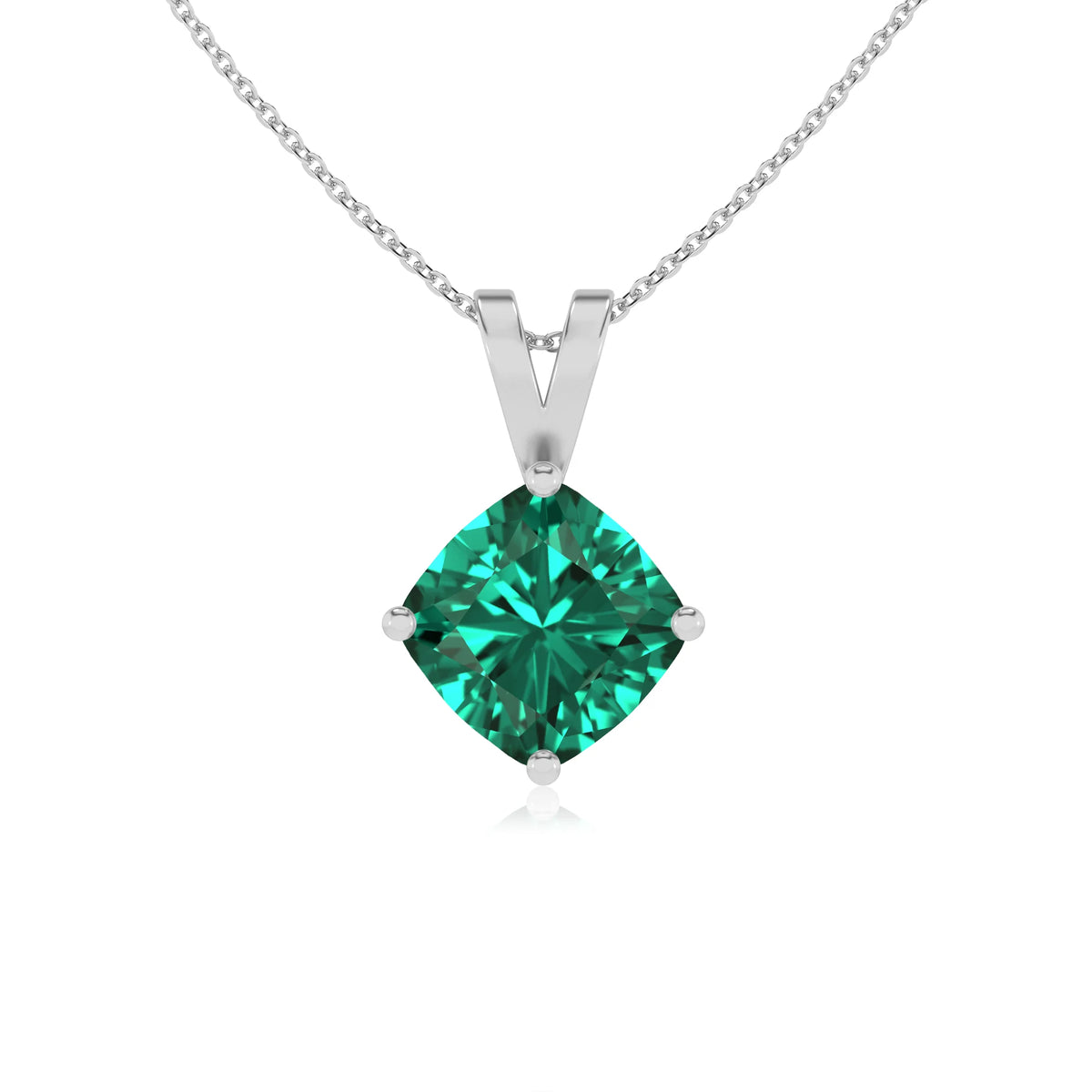 lab grown emerald cushion solitaire v-bale necklaces in white gold 