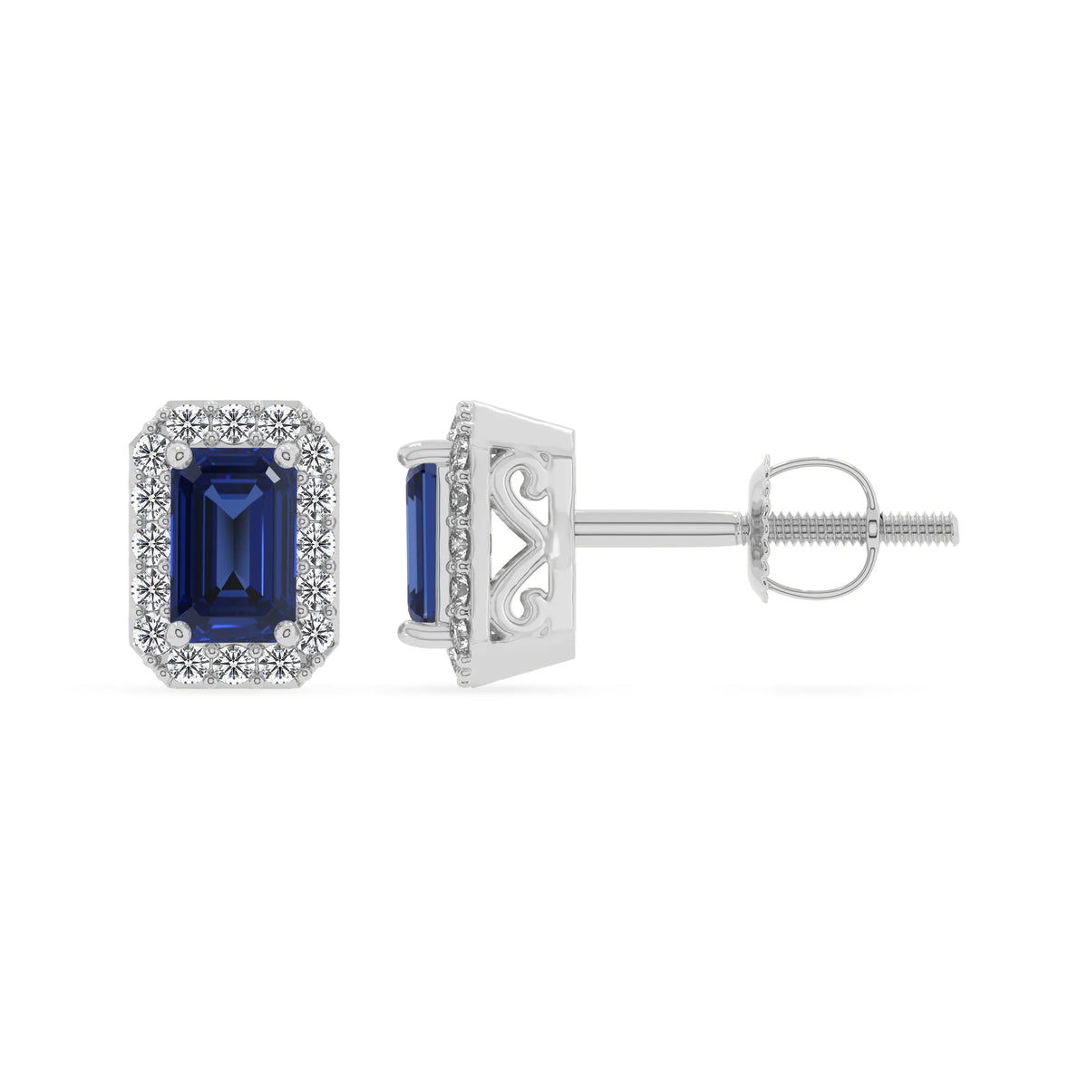 lab grown blue sapphire emerald cut stud earrings in sterling silver 