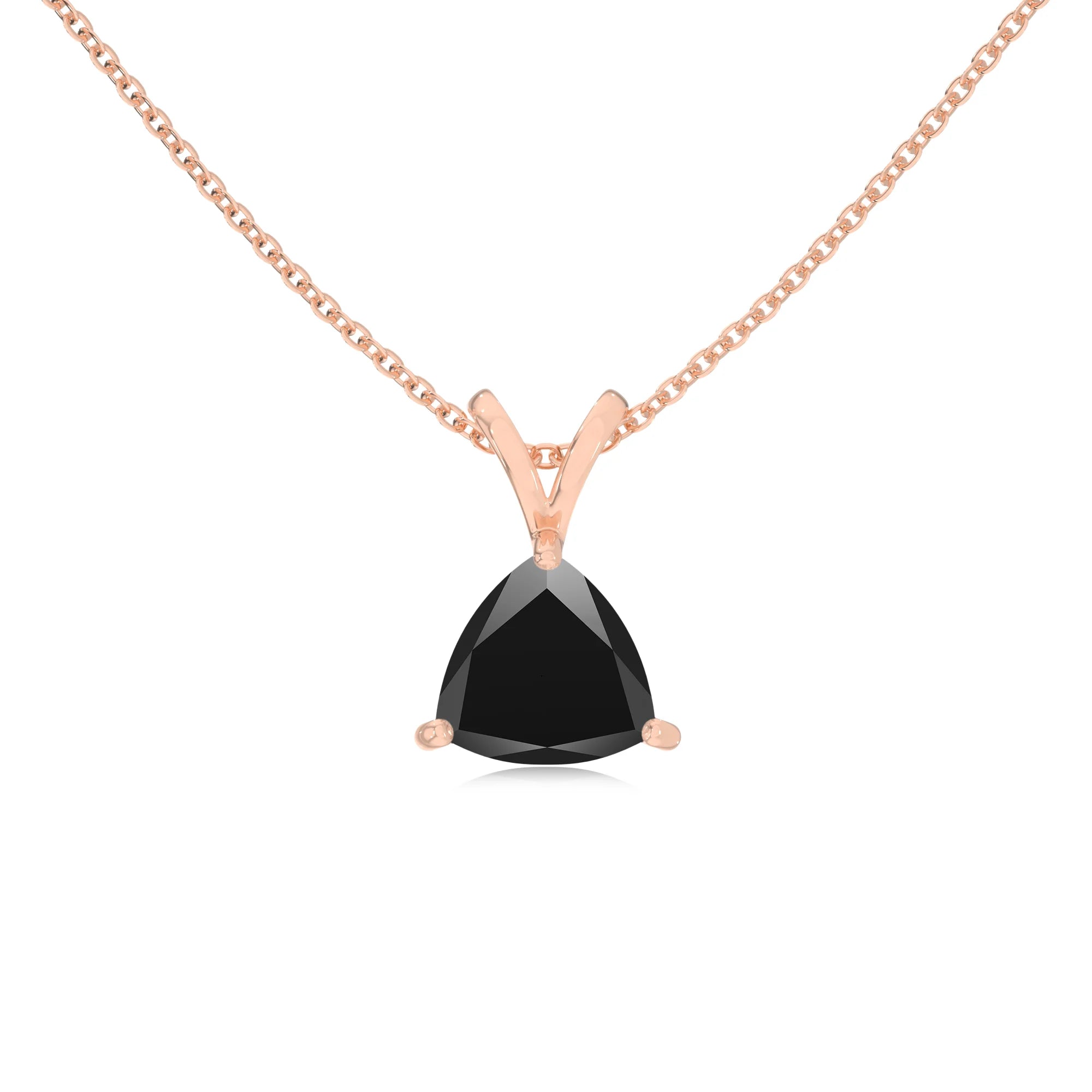 natural black-onyx trillion solitaire v-bale necklaces in rose gold 