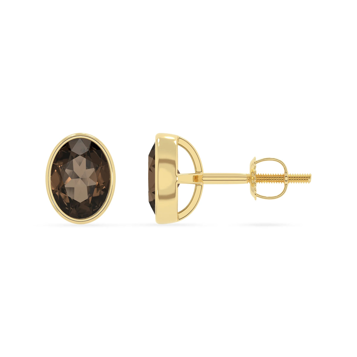 natural smoky quartz oval stud earrings in yellow gold 
