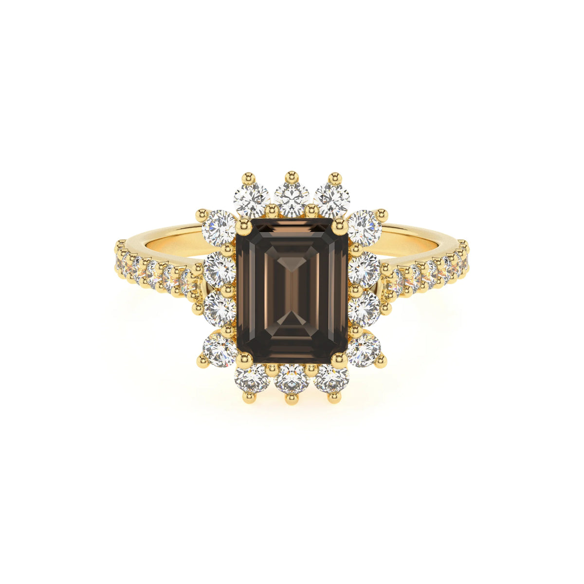 natural smoky-quartz emerald cut solitaire rings in yellow gold 