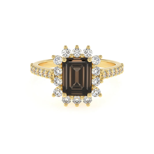 natural smoky-quartz emerald cut solitaire rings in yellow gold 