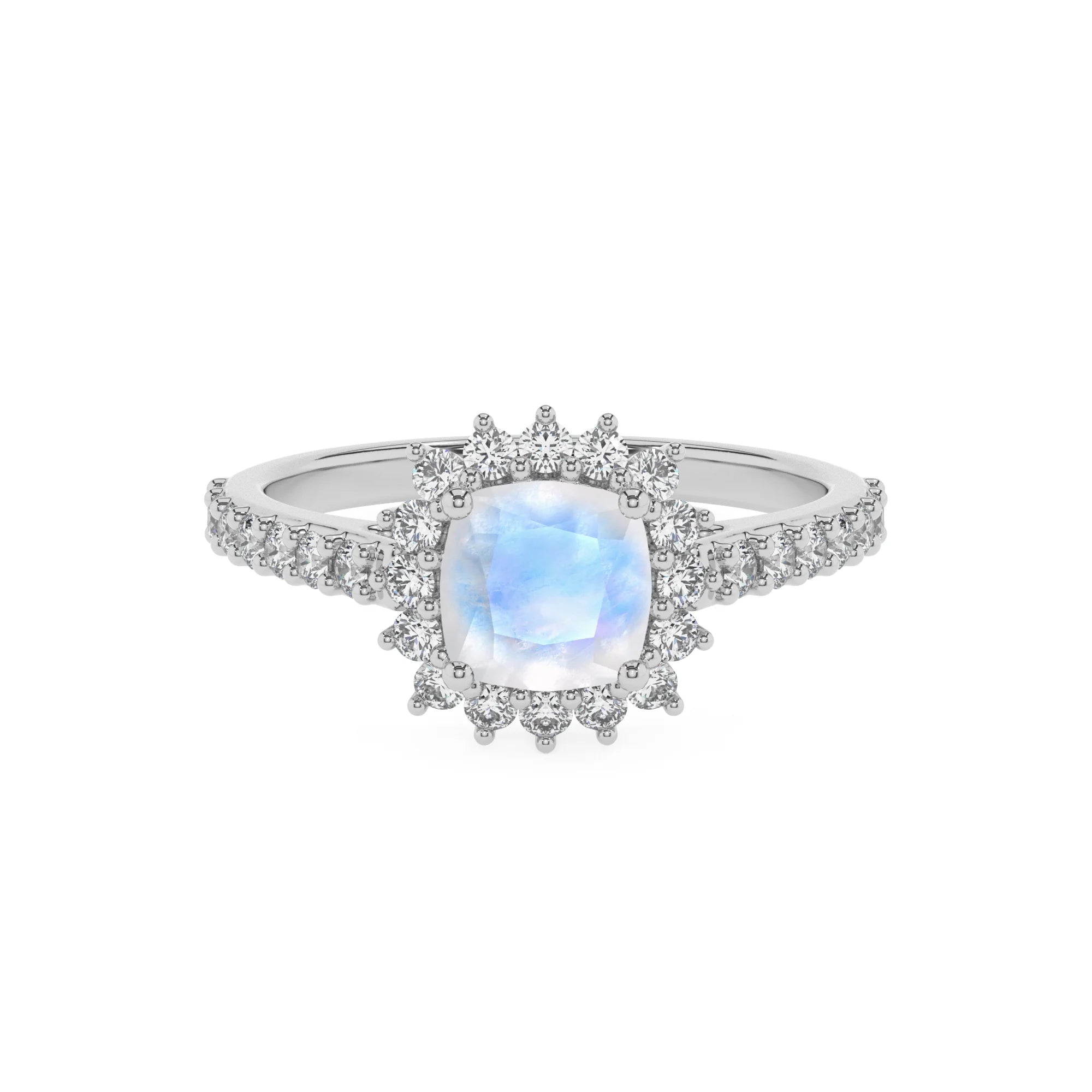 natural rainbow-moonstone cushion solitaire rings in white gold 
