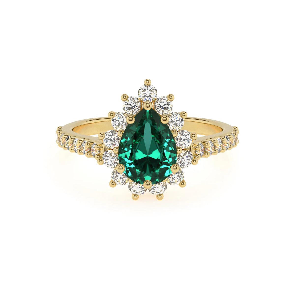 lab grown emerald pear solitaire rings in yellow gold 