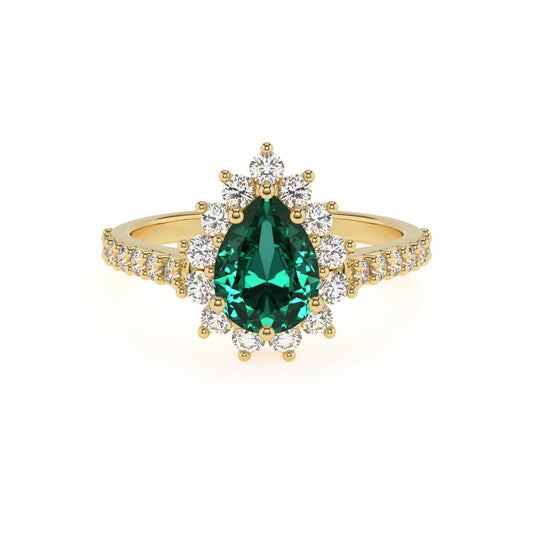 lab grown emerald pear solitaire rings in yellow gold 