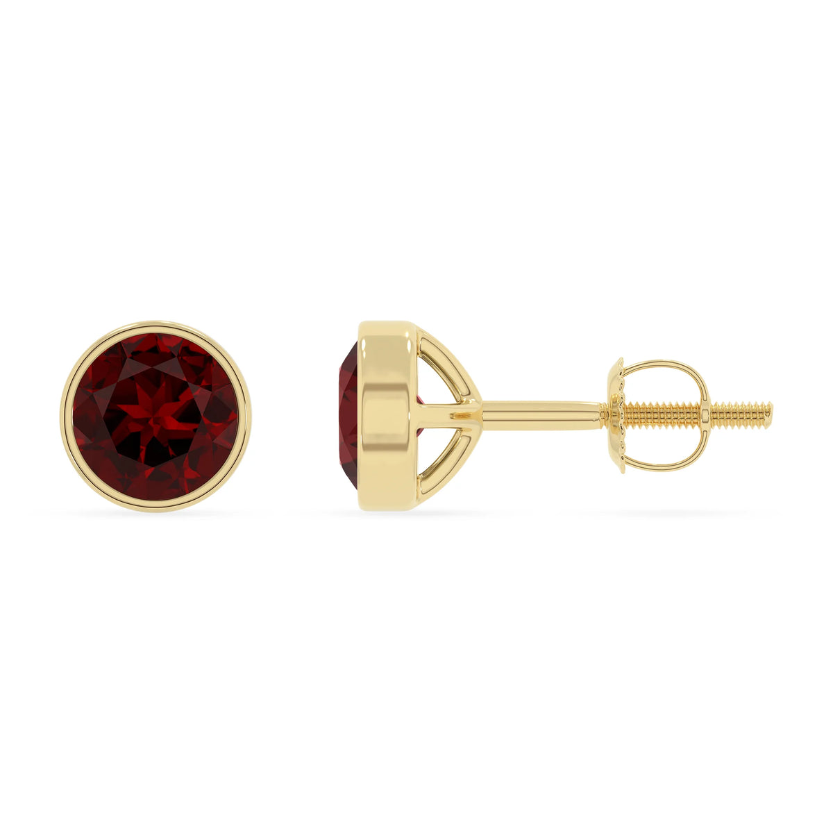 natural garnet round stud earrings in yellow gold 