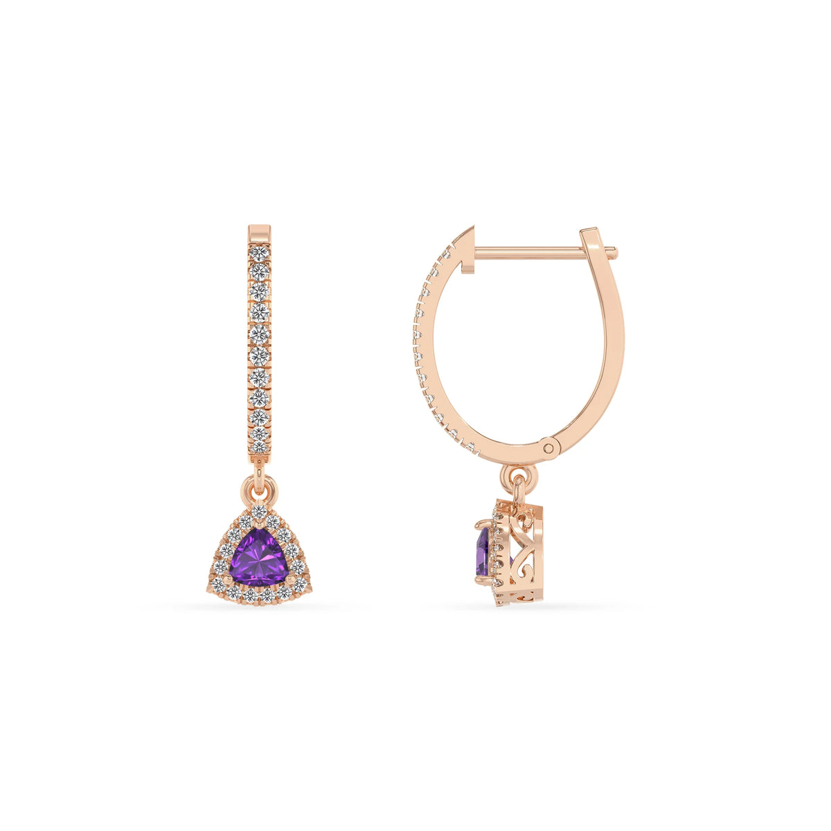 lab grown amethyst trillion drop earrings in rose gold 