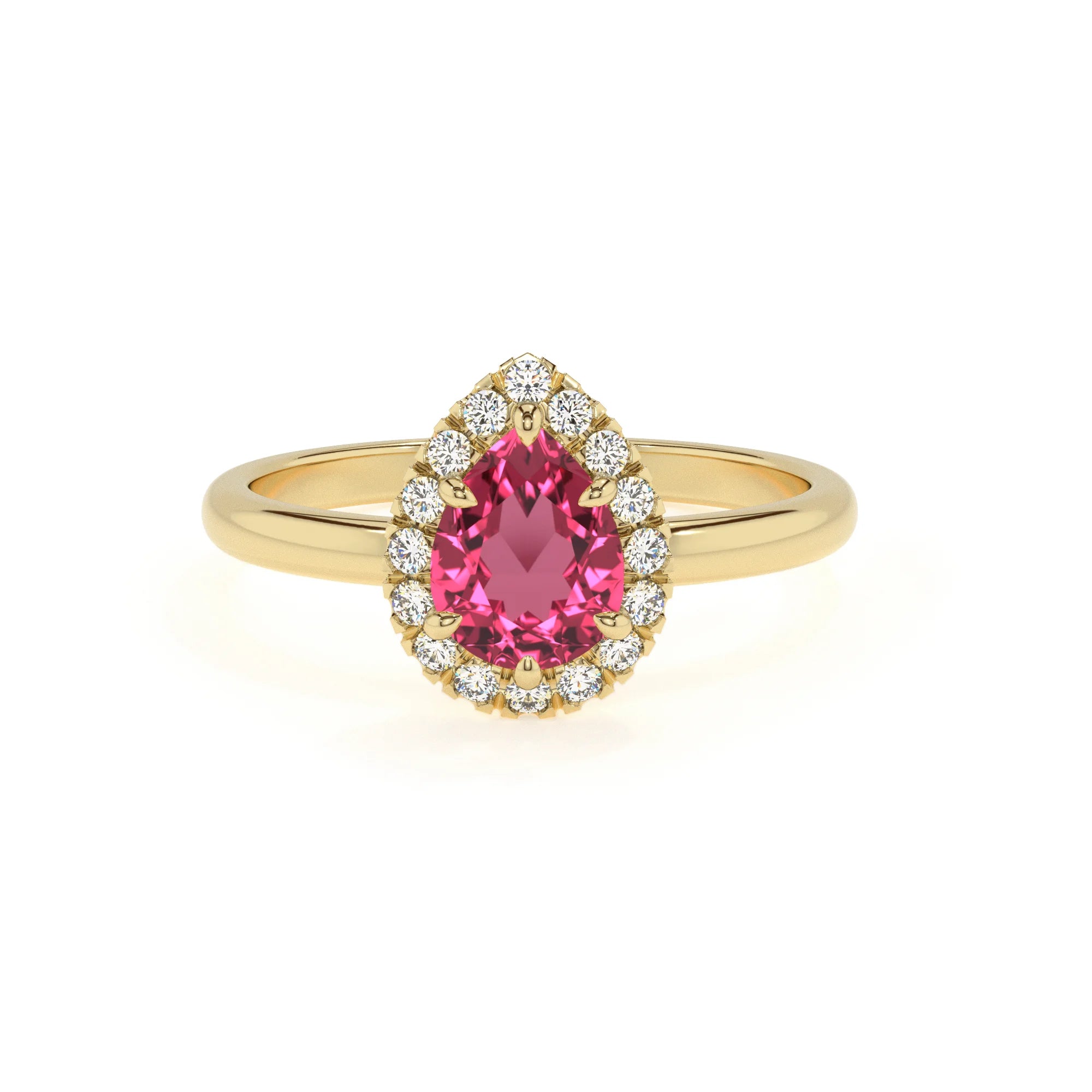 lab grown pink-tourmaline pear solitaire rings in yellow gold 