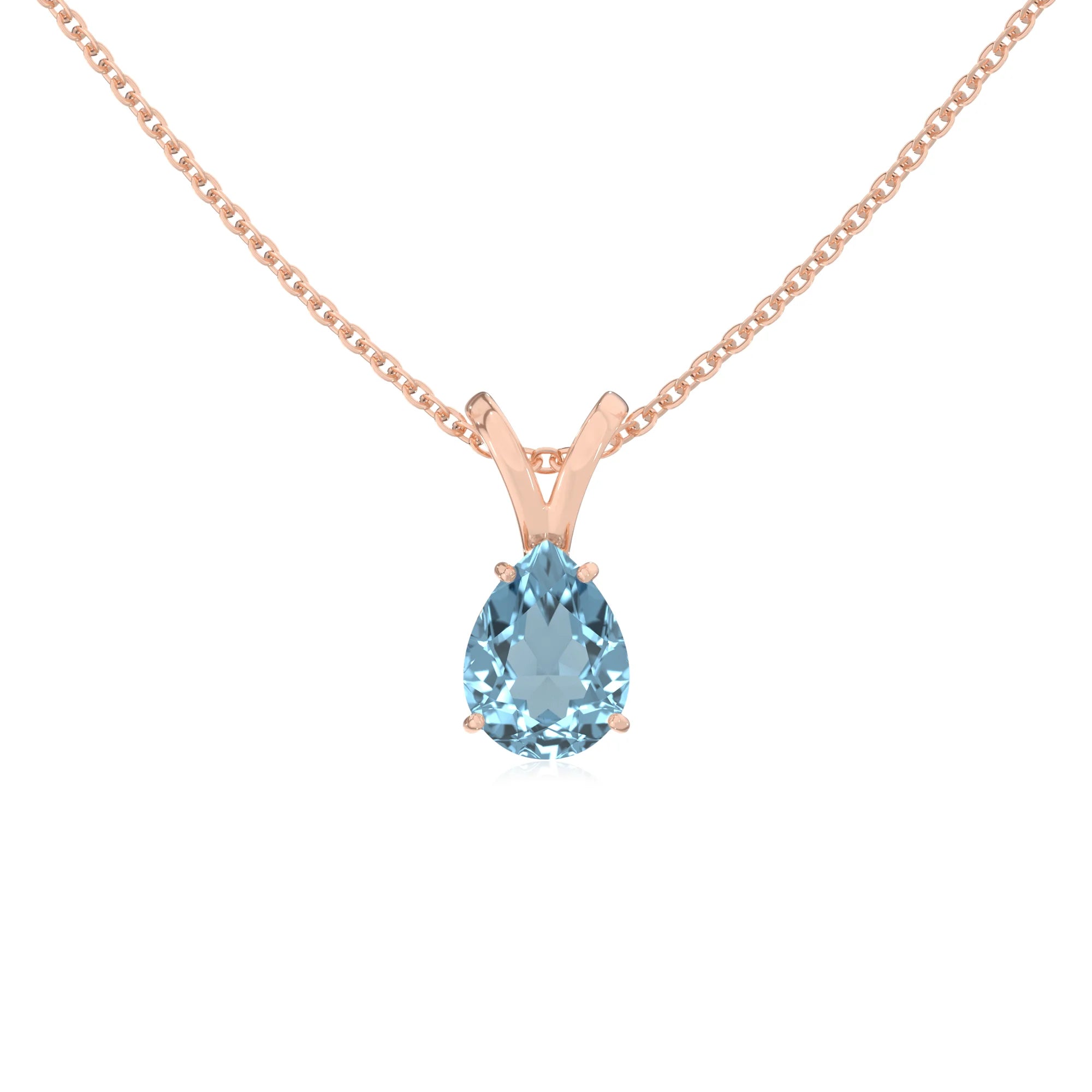 lab grown aquamarine pear solitaire v-bale necklaces in rose gold 