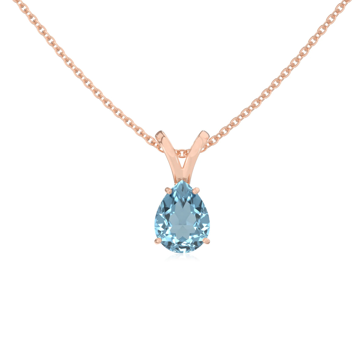 lab grown aquamarine pear solitaire v-bale necklaces in rose gold 