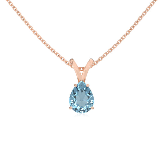 lab grown aquamarine pear solitaire v-bale necklaces in rose gold 