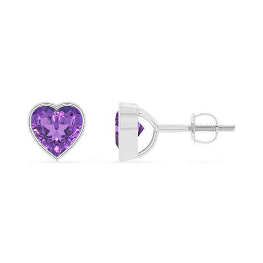 lab grown amethyst heart stud earrings in sterling silver 