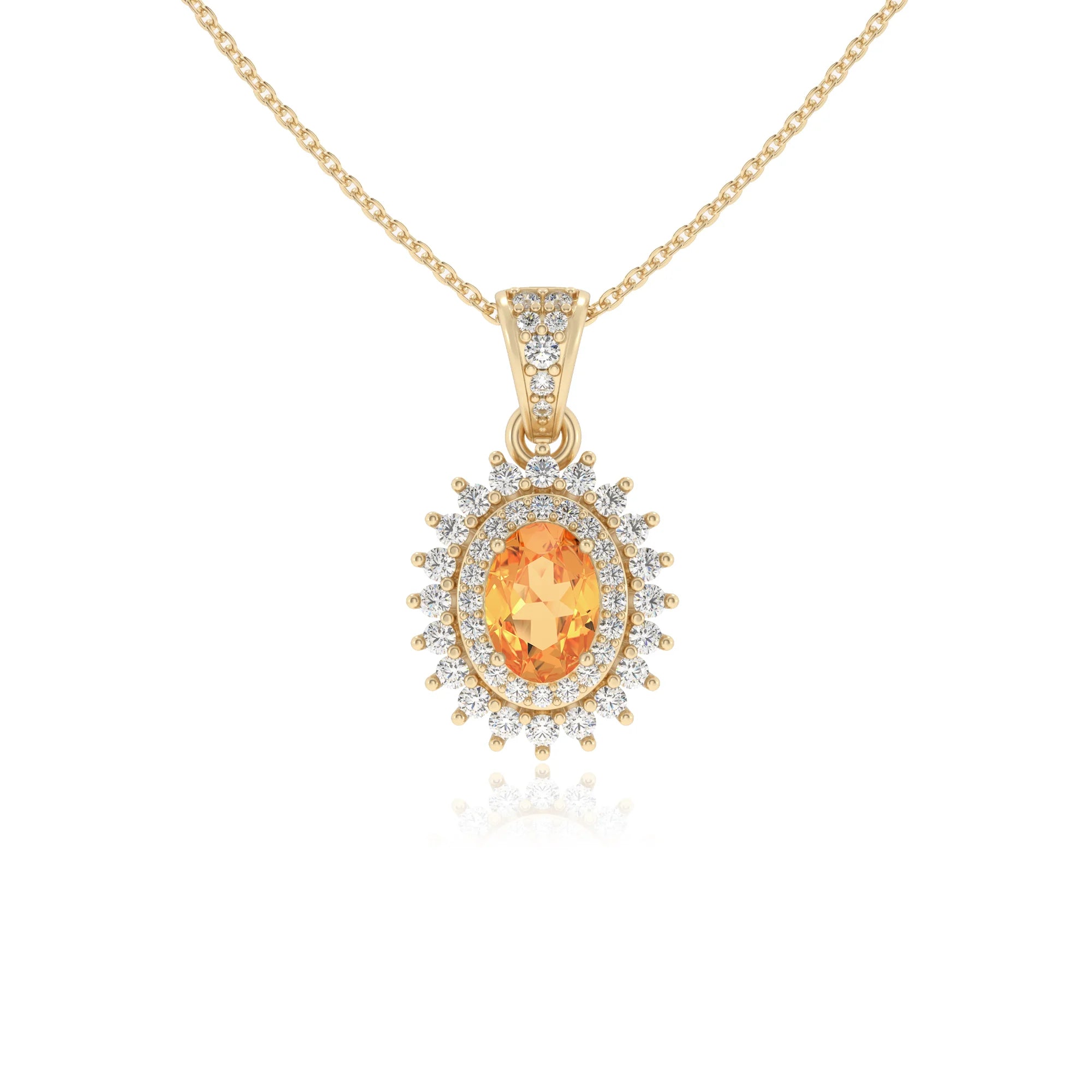 lab grown citrine oval halo necklaces in yellow gold 