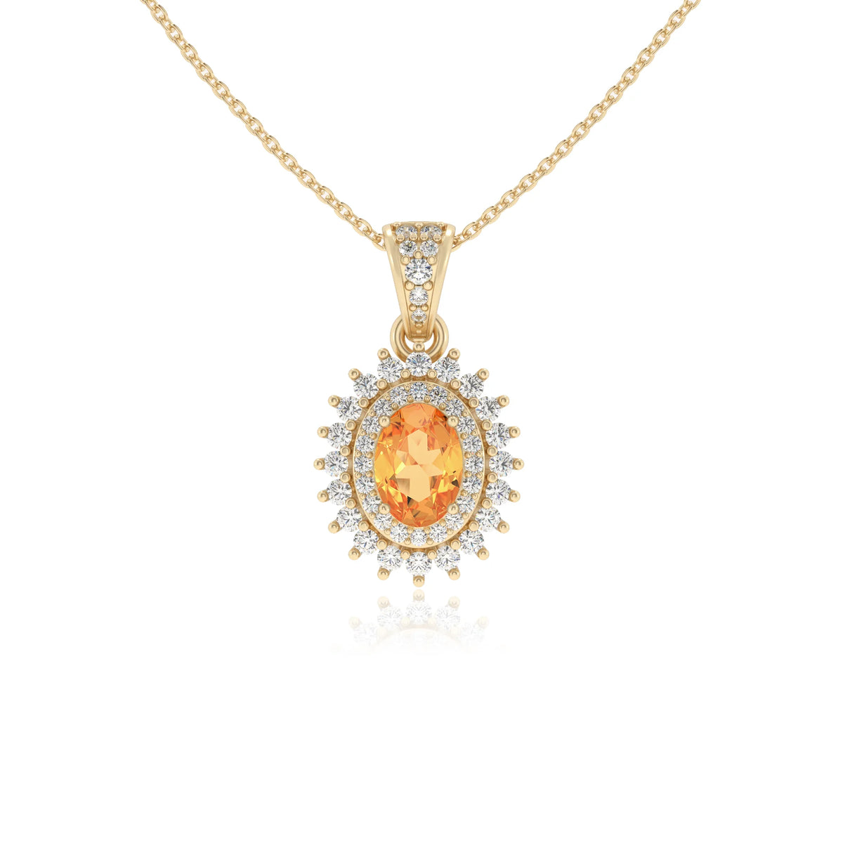 lab grown citrine oval halo necklaces in yellow gold 