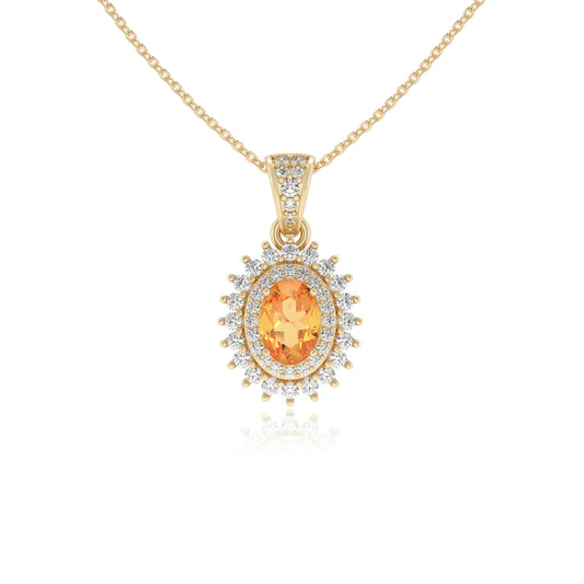 lab grown citrine oval halo necklaces in yellow gold 