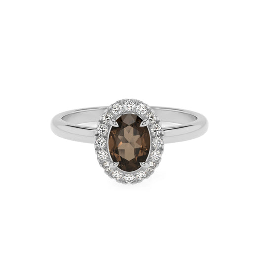 natural smoky-quartz oval solitaire rings in platinum 