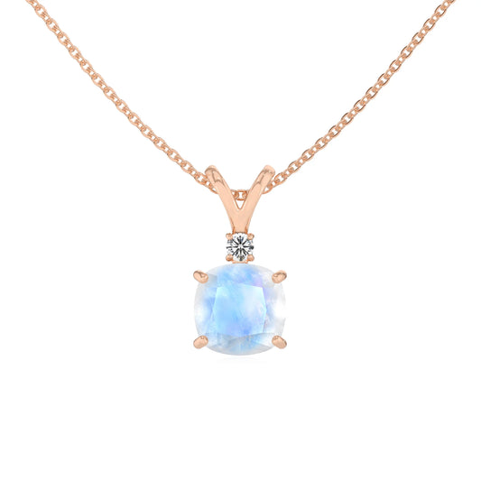 natural rainbow-moonstone cushion solitaire v-bale necklaces in rose gold 