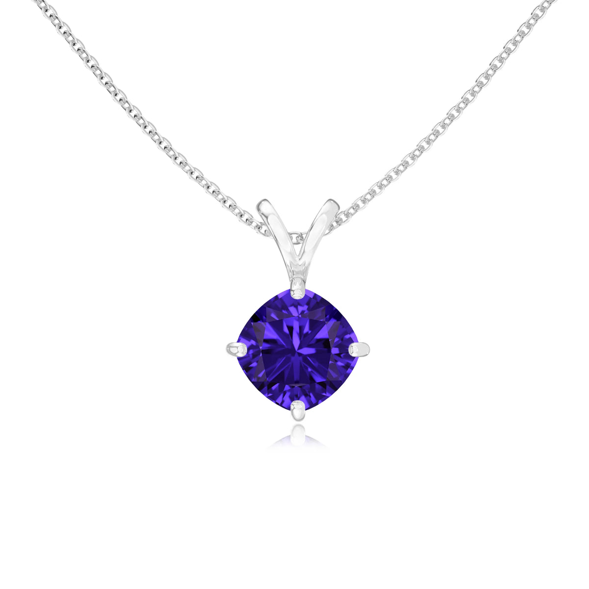 lab grown tanzanite cushion solitaire v-bale necklaces in sterling silver 