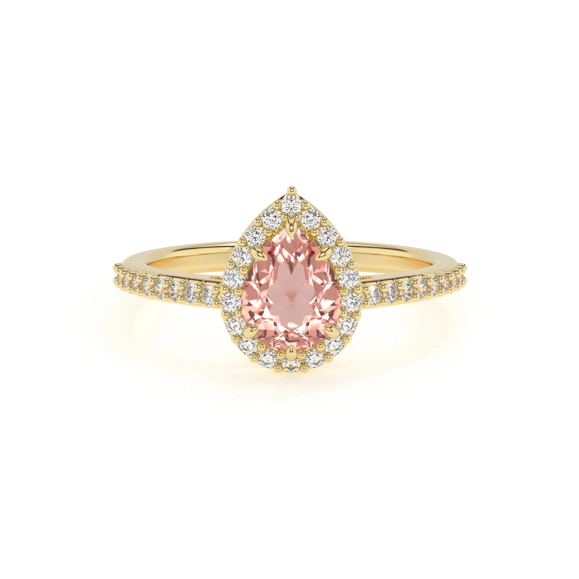 lab grown morganite pear solitaire rings in yellow gold 