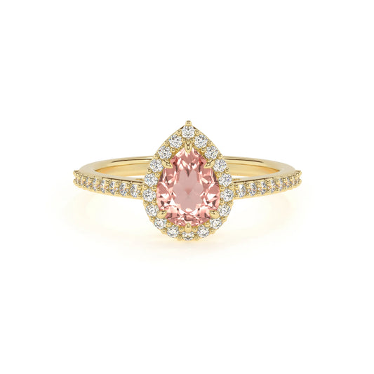 lab grown morganite pear solitaire rings in yellow gold 