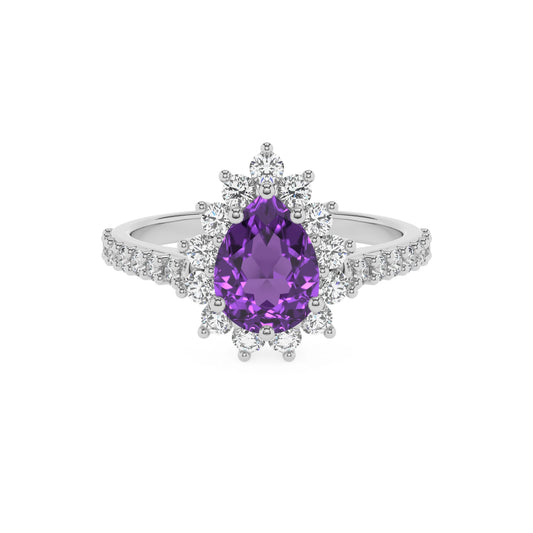 lab grown amethyst pear solitaire rings in sterling silver 