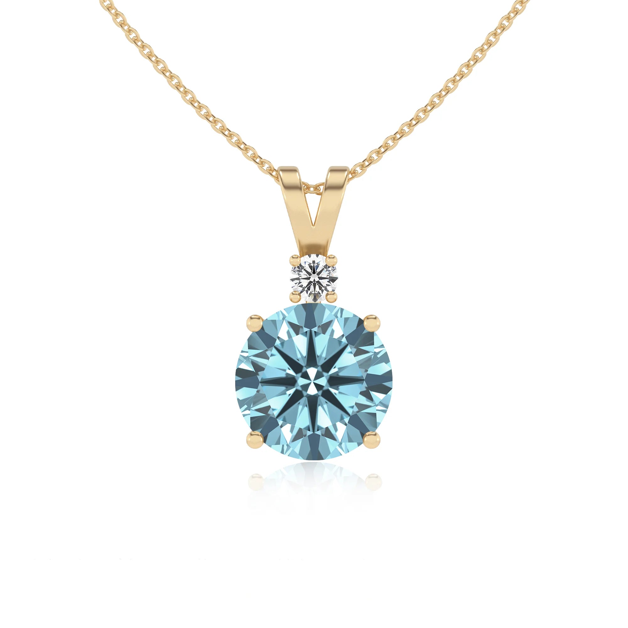 lab grown aquamarine round solitaire v-bale necklaces in yellow gold 