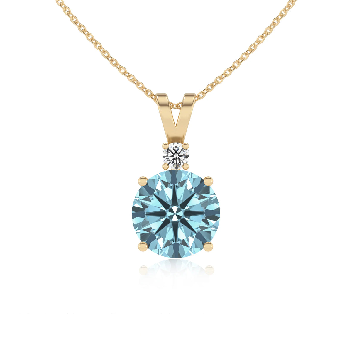 lab grown aquamarine round solitaire v-bale necklaces in yellow gold 