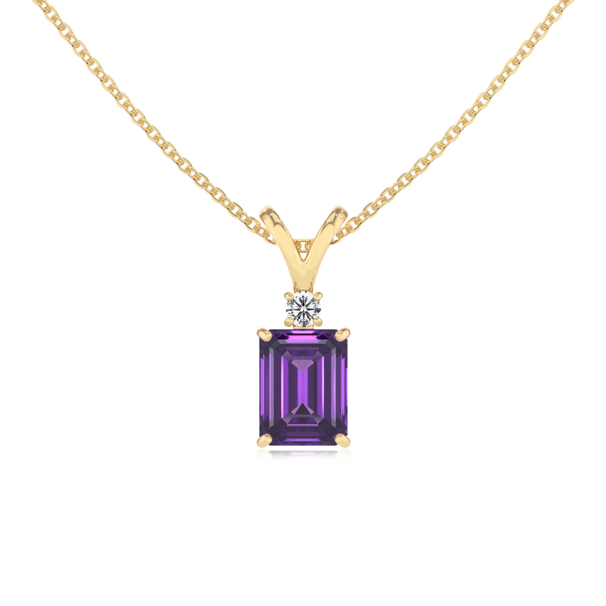 lab grown amethyst emerald cut solitaire v-bale necklaces in yellow gold 