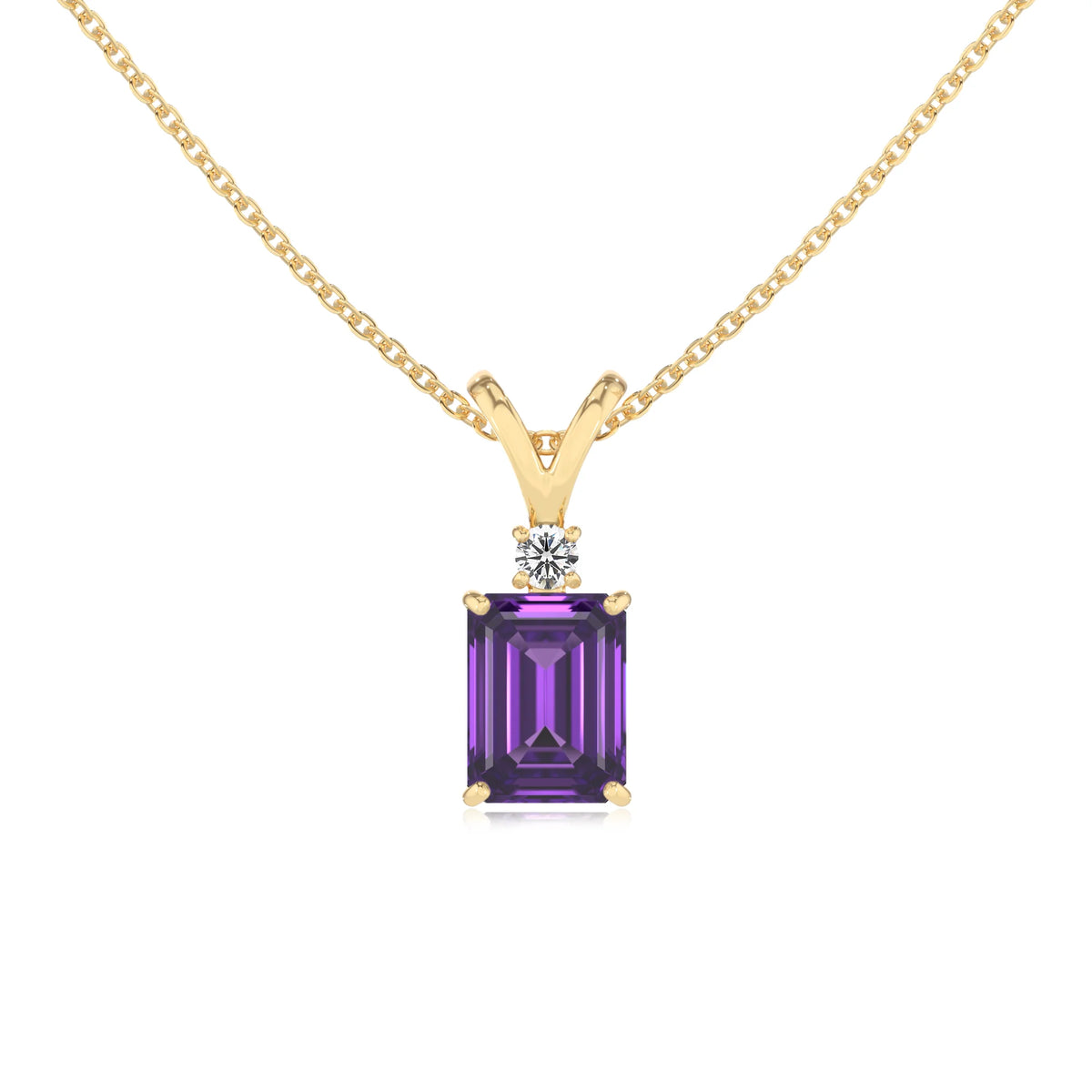 lab grown amethyst emerald cut solitaire v-bale necklaces in yellow gold 