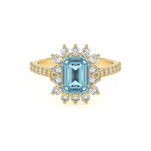 lab grown aquamarine emerald cut solitaire rings in yellow gold 